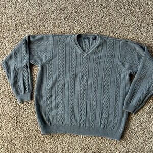 IZOD Sweater Mens Large Gray V Neck Cable Knit Cotton Pullover Ribbed Vintage